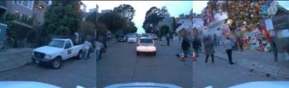 Crowds of pedestrians gathering to observe holiday decorations in San Francisco