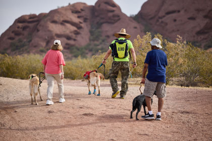 Three Blinded Veterans Association members are hiking with their guide dogs, walking away from the camera toward red sand hills in Papago Park, Phoenix.