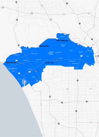 Waymo One LA territory covering Santa Monica to Downtown